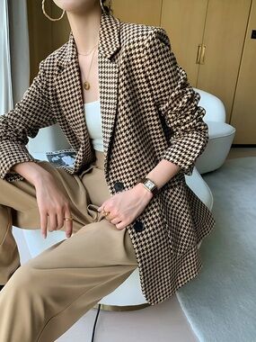 Houndstooth Single-Breasted Blazer - Brown/Black